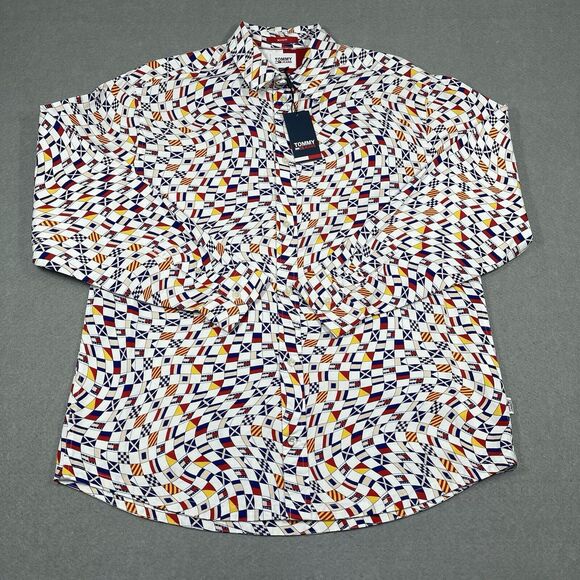 Tommy Jeans Shirt Mens Large White Archive Flag Print AOP Skate Fit Skateboard - Picture 1 of 12